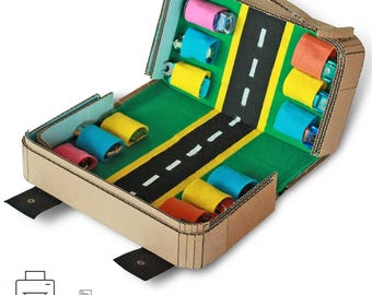 Spielzeugauto Spielset Vorlage, Tragbarer Karton Aufbewahrungskoffer, DIY Straßenmatte (PDF)