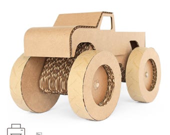 Modello di monster truck in cartone, PDF stampabile, camion giocattolo fai da te, modello di carta, file per taglio laser