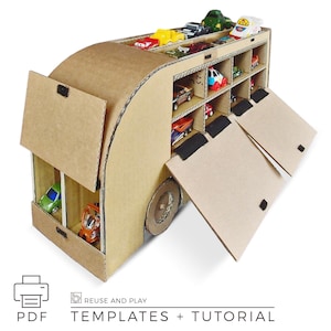 May include: A cardboard toy truck with a removable roof and side doors. The truck has shelves inside to store toy cars. The truck is brown and has black tape on the edges. The truck is labelled "REUSE AND PLAY TEMPLATES + TUTORIAL".
