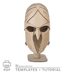 Wearable cardboard knight helmet showing size and proportions. DIY helmet template creates a full-scale costume piece that is lightweight and comfortable. Ideal for cosplay, events, and creative builds.