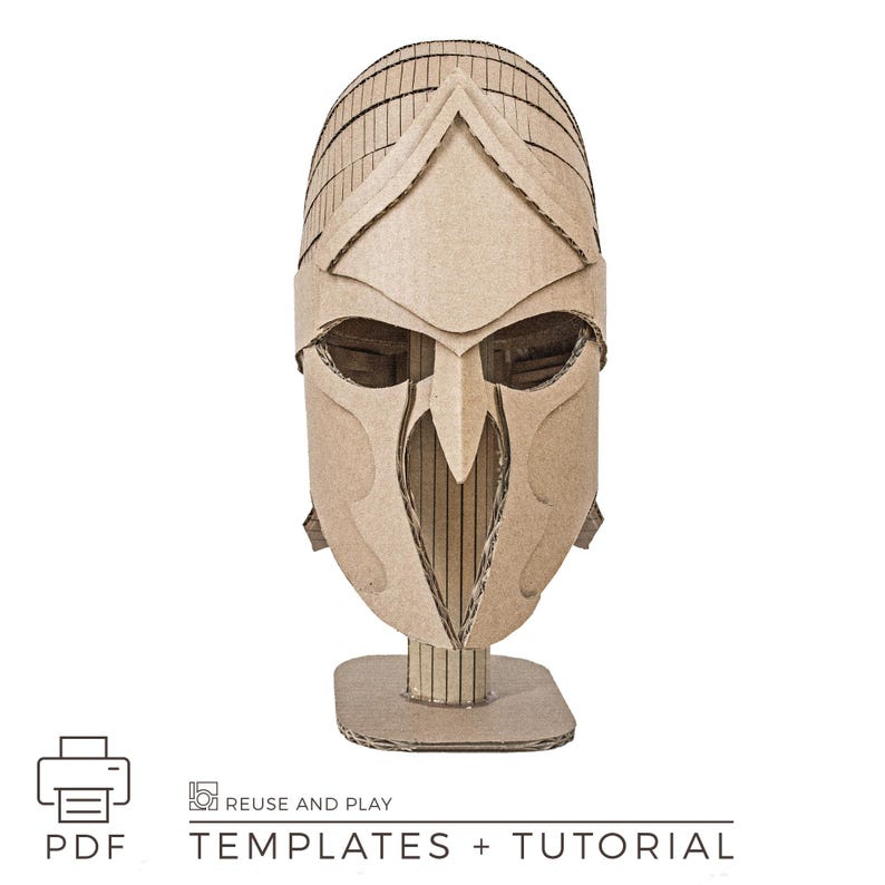Wearable cardboard knight helmet showing size and proportions. DIY helmet template creates a full-scale costume piece that is lightweight and comfortable. Ideal for cosplay, events, and creative builds.