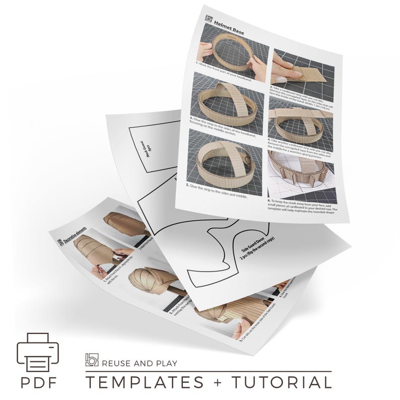 Printable knight helmet template PDF with step-by-step instructions. Includes full-size pattern pieces and visual guide for building a cardboard helmet. Easy DIY project for creating a detailed medieval-style helmet using simple tools and materials.