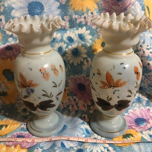 Victorian Blown Hand Painted Art Glass Vases image 1