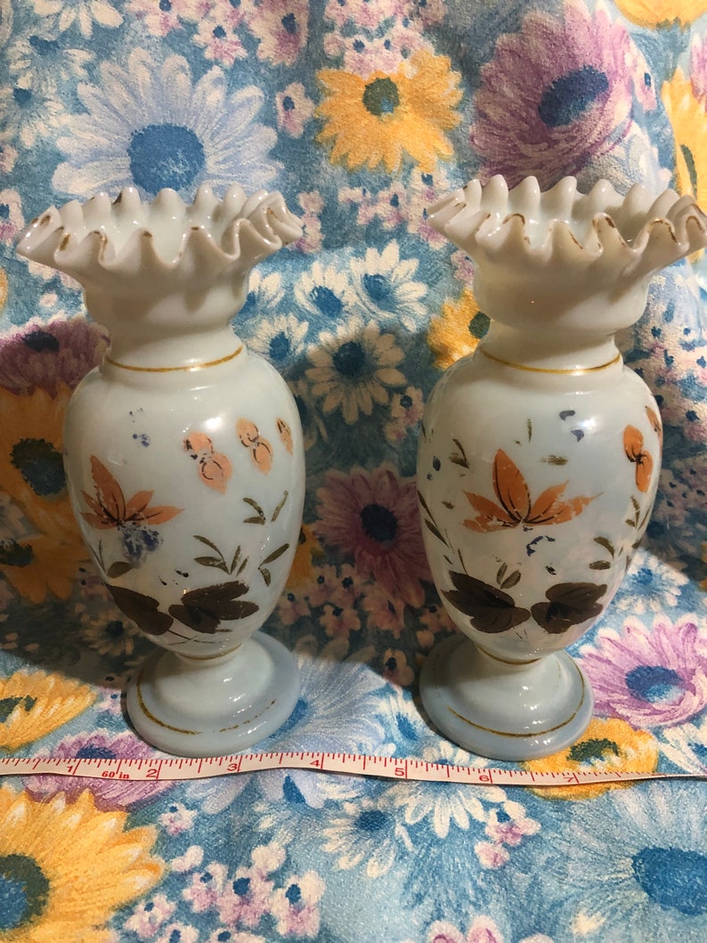 Victorian Blown Hand Painted Art Glass Vases image 1