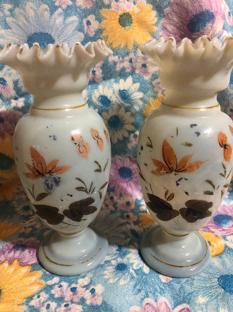 Victorian Blown Hand Painted Art Glass Vases image 8