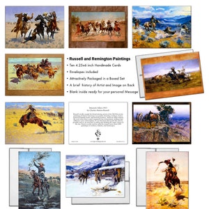 Remington and Russell's Assorted Vintage Popular Western Cowboy Art Paintings Thank You/Greeting /Notecards in a Boxed Set