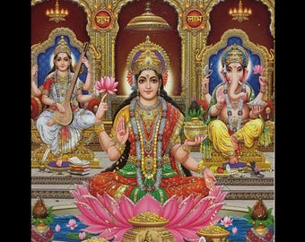 Goddess Laxmi et Mata Saraswati avec Lord Ganesha Hindou Divinités 7/" x 5/" pouces