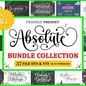 May include: A collage of 25 different cursive fonts, each displayed in a colorful square. The fonts are all in a script style and are perfect for adding a touch of elegance to any project. The text "Absolute Bundle Collection" is displayed in a large, bold font at the top of the image. The text "37 File OTF & TTF in 25 Typefaces" is displayed in a smaller font below the main title.