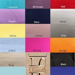 May include: A color chart with 12 fabric swatches in various colors, including turquoise, purple, yellow, light blue, beige, and spa blue. The swatches are labeled with their corresponding color names. The chart also includes a wooden sign with the text "Lloyd Creations".