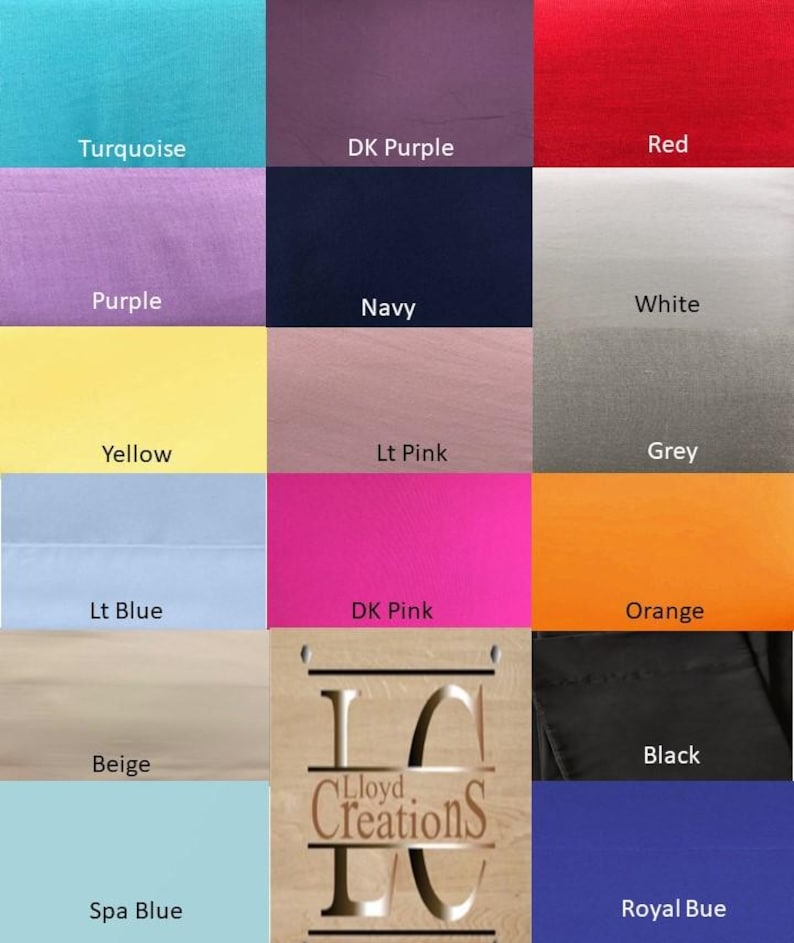 May include: A color chart with 12 fabric swatches in various colors, including turquoise, purple, yellow, light blue, beige, and spa blue. The swatches are labeled with their corresponding color names. The chart also includes a wooden sign with the text "Lloyd Creations".