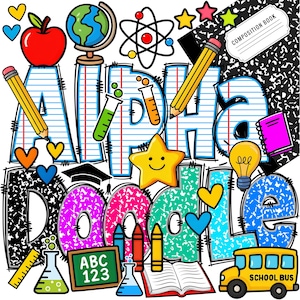 May include: A colorful illustration with the words "Alpha Doodle" in large, stylized letters. The design includes school-themed elements like a school bus, apple, pencils, and a composition notebook. Hearts and stars add decorative touches.