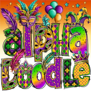 Alfabeto de Mardi Gras PNG, Letras de Carnaval, Alpha Doodle, Carta de Mardi Gras, Día de Mardi Gras, Sublimación, Paquete, Clipart Alpha Pack 90AP