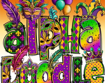 Mardi Gras Alphabet PNG, Carnival Letters, Alpha Doodle, Mardi Gras Letter, Mardi Gras Day, Sublimation, Bundle, Clipart Alpha Pack 90AP
