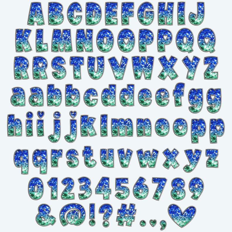 May include: A blue and green glitter alphabet with a heart symbol. The letters are outlined in silver and have a gradient effect.