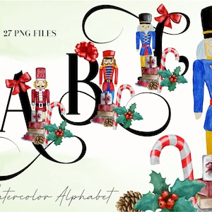 Alfabeto de aquarela de Natal PNG, Clipart de alfabeto de quebra-nozes, PNG transparente, Letras maiúsculas, Monograma de Natal, Alfabeto 44W