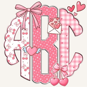May include: A decorative monogram featuring the letters "ABC" in a pink and white design. The letters are adorned with cherries, bows, hearts, and a gingham pattern. A pink bow tops the letter "A", and a heart with wings is in the center.