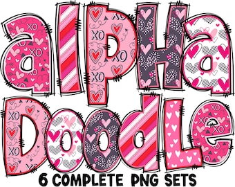 Könnte beinhalten: Ein Set aus sechs Valentinstags-Alphabetbuchstaben in Rosa, Rot und Weiß mit einem Herzmuster. Die Buchstaben buchstabieren "alpha doodle" und sind schwarz umrandet. Der Text "6 COMPLETE PNG SETS" befindet sich unter den Buchstaben.