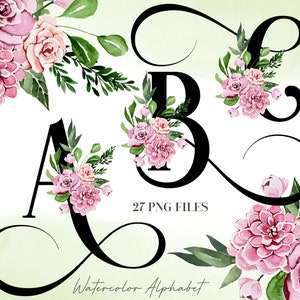 Acuarela Flores Alfabeto PNG, Alfabeto Floral Rosa Negro, Elegante, PNG Transparente, Alfabeto Botánico En Mayúsculas, Sublimación 3WB