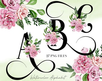 Watercolor Flowers Alphabet PNG, Black Pink Floral Alphabet, Elegant, Transparent PNG, Botanical Uppercase Alphabet, Sublimation 3WB