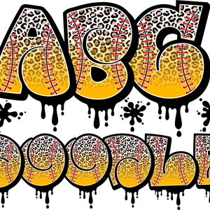 Puede incluir: Un diseño gráfico con las letras "ABC" y la palabra "Doodle" en un estilo de pintura que gotea. Las letras y la palabra están decoradas con un estampado de leopardo y costuras de béisbol.