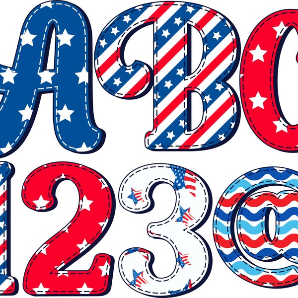 Faux Applique Independence Day Letters PNG, Doodle Letters, 4th of July Letters, Patriotic Alphabet, US Flag Letters, Sublimation, 3AX