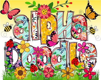 BUNDLE Spring Floral Alphabet PNG, Doodle Alpha, Doodle Flowers, Doodle Letters PNG, Spring Letters, Clipart, Sublimation, Alpha Pack 1AP