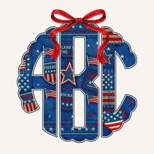May include: A patriotic monogram design with the letters "ABC" in a denim-like texture. The design incorporates American flags, stars, and patriotic phrases, with a red ribbon bow at the top. The colour scheme is red, white, and blue.