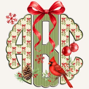 Op de afbeelding: Een feestelijk monogramontwerp met de letters "ABC" in een groen, verticaal gestreept patroon, versierd met een grote rode strik. De letters zijn versierd met een patroon van rode strikken en maretak. Een rode kardinaal, dennenappel en ornamenten maken het kerstthema compleet.