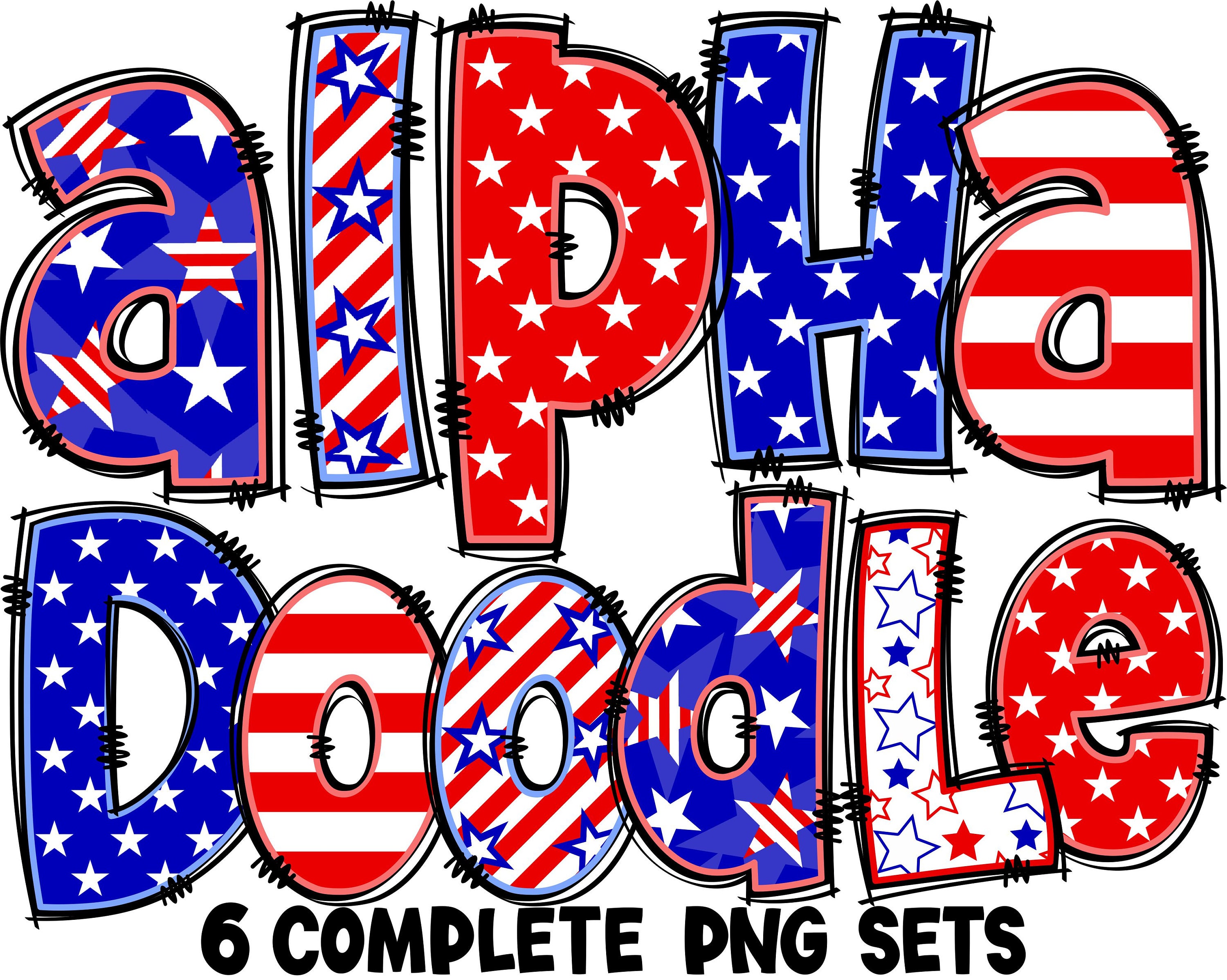 BUNDLE Patriotic Alphabet PNG, Doodle Alpha, 4th of July, Independence Day, Alpha Doodle, Letters, Doodle, Sublimation, Alpha Pack 13AP