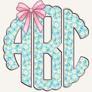 Spring Circle Scalloped Monogram PNG, Preppy Monogram, Scalloped Monogram, Coquette Monogram, Flowers, Floral Monogram, Soft Blue Pink 3CS