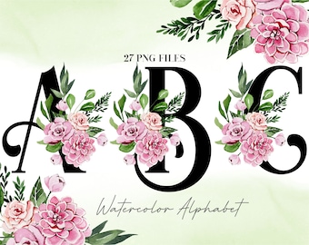 Watercolor Flowers Alphabet PNG, Black Pink Floral Alphabet Clip Art, Transparent PNG, Botanical Uppercase Alphabet, Sublimation 3WB
