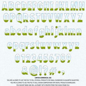 May include: A green, white, and blue font with a landscape design. The font includes uppercase and lowercase letters, numbers, and symbols. The text "LIMITED COMMERCIAL USE" is at the bottom of the image.  You are allowed to use this file to sell physical products for small businesses in unlimited quantities. You are allowed to use this file to sell design compositions for digital products/downloads. You can not make and sell alphabet sets created from this Canva frame file.