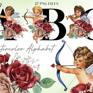 Cupido día de San Valentín letras PNG, Cupido alfabeto Clip Art, letras de acuarela, San Valentín, cartas de amor, alfabeto de San Valentín, rosas 48WB