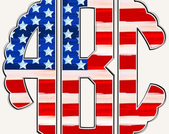 Może przedstawiać: Patriotyczny monogram z literami "ABC" w dekoracyjnej, falistej ramie. Litery wypełnione są wzorem amerykańskiej flagi, w tym niebieskimi polami z białymi gwiazdami oraz czerwono-białymi pasami.