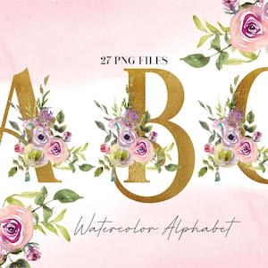 Watercolor Flowers Alphabet PNG, Gold Pink Floral Alphabet, Transparent PNG, Gold Uppercase Letters, Botanical Uppercase Alphabet 2WB