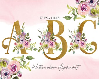 Può includere: Lettere dorate A, B e C decorate con fiori ad acquerello in tonalità rosa, giallo e verde. Le lettere sono contornate d'oro e hanno un effetto acquerello. Il testo "27 PNG FILES" e "Watercolor Alphabet" sono inclusi anche nell'immagine.