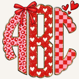 May include: A decorative monogram featuring the letters ABC in a circular design. The letter A has a pink leopard print pattern, the letter B has a red heart pattern, and the letter C has a red and pink checkerboard pattern. A red bow is at the top.
