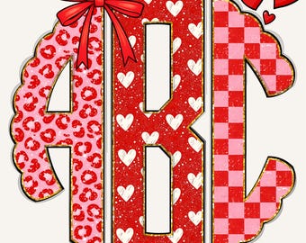 Valentine’s Preppy Monogram PNG, Scalloped Coquette, Red Checkered Heart Bow Love Design 153CS