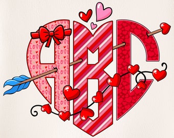 Valentine&#39;s Monogram PNG Letters, Valentine Letters, Alpha Doodle, PNG Letters, Valentine Doodle, Love, Clipart, Heart Shaped Monogram 1MH