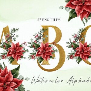 Watercolor Flowers Alphabet PNG, Gold Pink Red Floral Alphabet, Transparent PNG, Uppercase Letters, Christmas Uppercase Letters 24WB