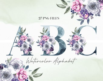 Watercolor Flowers Alphabet PNG, Blue Gray Pink Floral Alphabet, Transparent PNG, Uppercase Letters, Botanical Uppercase Alphabet 4W