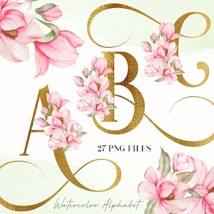 Watercolor Flowers Alphabet PNG, Gold Soft Pink Floral Alphabet Clip Art, Transparent PNG, Uppercase Letters, Soft Pink Tulips 15WB