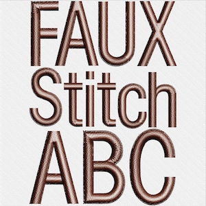 May include: Faux stitch ABC font embroidery design in brown thread on a white background.