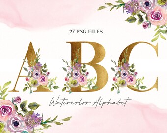 Può includere: Lettere dorate A, B e C con disegni floreali ad acquerello in tonalità di rosa, viola e verde. Le lettere sono su uno sfondo bianco con un lavaggio ad acquerello rosa in alto e in basso. Il testo "27 PNG FILES" e "Watercolor Alphabet" sono anche inclusi nell'immagine.