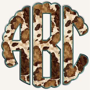 May include: A decorative monogram featuring the letters ABC in a cowhide pattern. The letters have a teal outline and are set against a white background. The outer edge of the monogram has a scalloped design.
