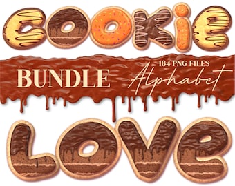 Puede incluir: Un conjunto de 184 letras y números del alfabeto con temática de galletas. Las letras están hechas de chocolate y tienen un glaseado marrón, blanco y amarillo. Las letras deletrean la palabra "COOKIE" y las frases "BUNDLE Alphabet" y "LOVE".