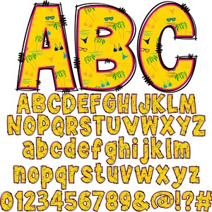 May include: A yellow alphabet with a tropical beach theme. The letters are outlined in black and pink and have a textured background with palm trees, sunglasses, and swimsuits. The alphabet includes uppercase and lowercase letters, numbers, and symbols.