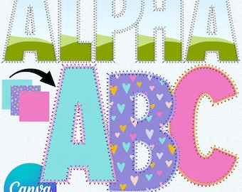 May include: Faux stitch embroidery design featuring the letters "ALPHA" in a sky and hills pattern, "A" in a light blue pattern, "B" in a purple pattern with yellow and pink hearts, and "C" in a pink pattern. The design is perfect for creating personalized crafts.