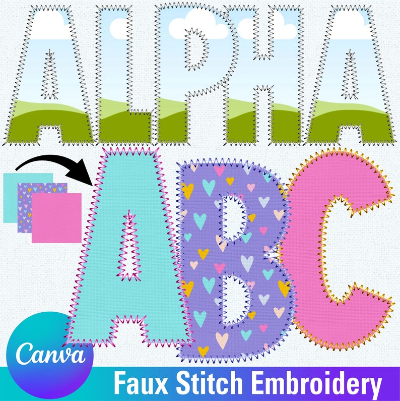 May include: Faux stitch embroidery design featuring the letters "ALPHA" in a sky and hills pattern, "A" in a light blue pattern, "B" in a purple pattern with yellow and pink hearts, and "C" in a pink pattern. The design is perfect for creating personalized crafts.