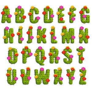 May include: Cactus alphabet letters A through Z with pink, yellow, and red flowers. The letters are green and have spines.
